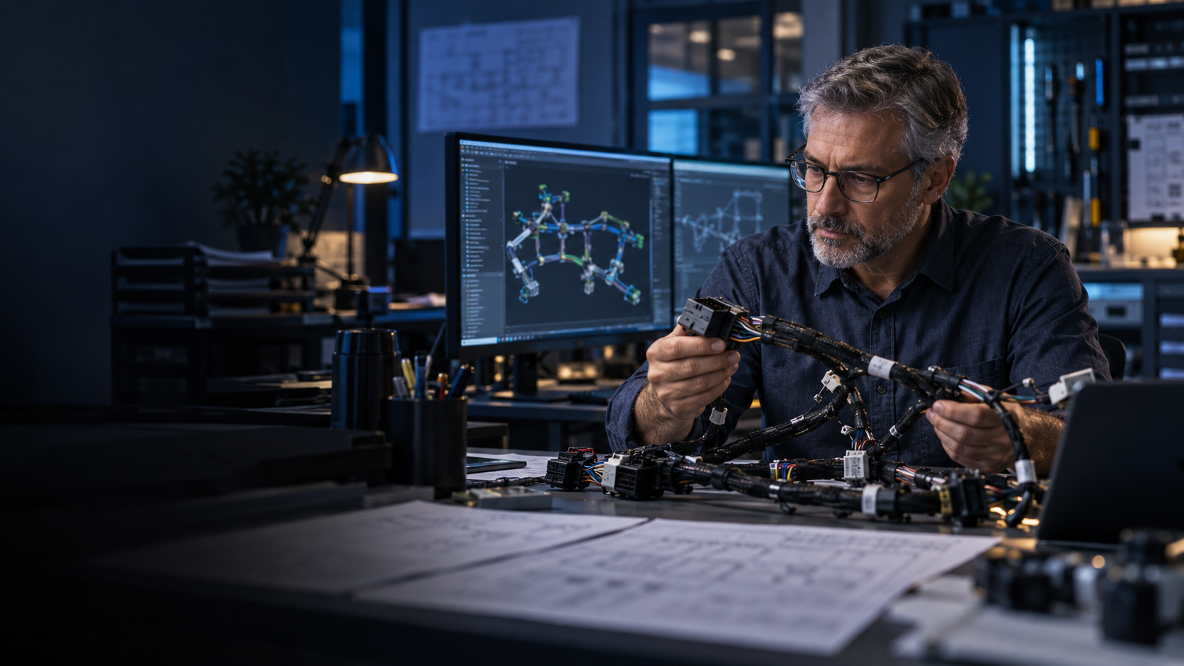 Engineer reviewing a physical wire harness beside a structured digital model